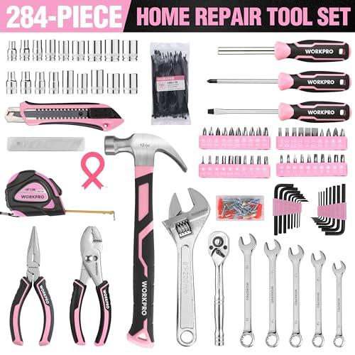 WORKPRO Pink Tool Set, 284 PCS Tool Kit for Women, Basic Household Tool Box with Sockets, Pliers, Ratchet Handle, Portable Toolkit for Home Repair, New Apartment, House-Warming, DIY - Pink Ribbon