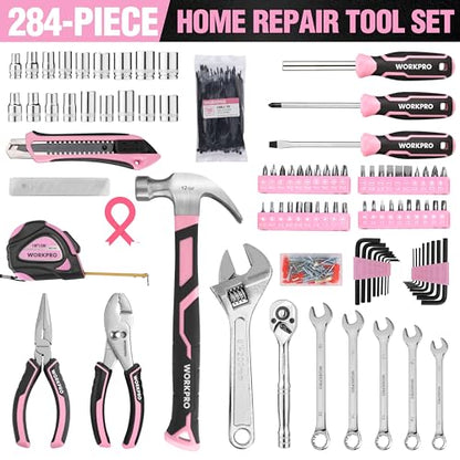 WORKPRO Pink Tool Set, 284 PCS Tool Kit for Women, Basic Household Tool Box with Sockets, Pliers, Ratchet Handle, Portable Toolkit for Home Repair, New Apartment, House-Warming, DIY - Pink Ribbon