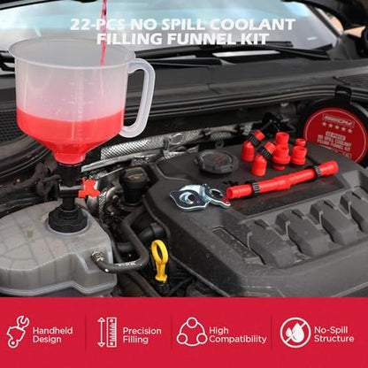 22-Piece No-Spill Coolant Filling Funnel Kit and Siphon Hose Pump, Radiator Coolant Filling Spill-Proof Funnel Kit with Adapters, Extensions, PVC Hose, Engine Oil Funnels, Towel for Universal Vehicle - size: 22 PCS - Pro Kit with Siphon Pump
