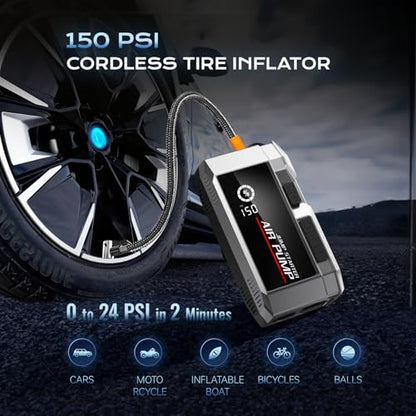 7000A Car Jump Starter with Air Compressor, 35000mAh Portable Car Battery Charger, Jump Starter Battery Pack (All Gas/10.0L Diesel), 150PSI Tire Inflator, 70 Starts 12V Auto Battery Booster - color: Black