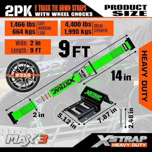 XSTRAP STANDARD 2-PK Wheel Chock E-Track Tie Down Straps Kit, 2"x9FT, Green | 4,400lb Break Strength Over-The-Tire Ratchet Straps with Steel Wheel Chocks for ATV, UTV, Lawn Mower, Trailer Hauling - size: Green-2PK-9FT