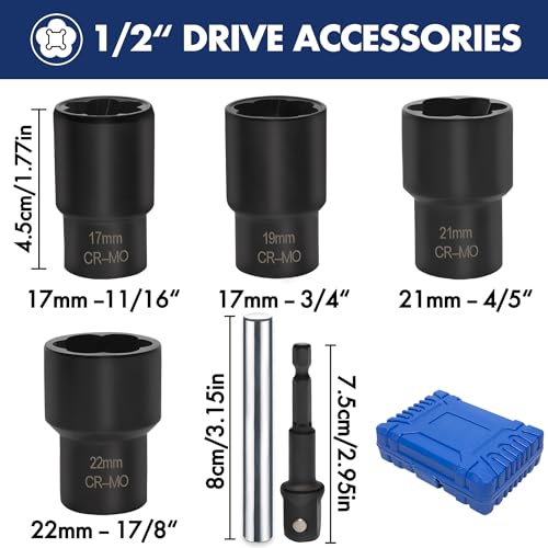 6 PCS Lug Nut Remover Socket Set Heavy Duty 1/2" Drive Wheel Lock Bolt Extractor Kit Large Size 17-22mm for Damaged, Stripped, Rounded Bolts and Fasteners, Cr-Mo Steel - style: 6pcs