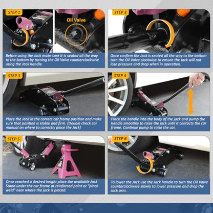 Auto Dynasty 2 Ton Floor Jack with Jack Stands, Heavy Duty Steel Hydraulic Racing Floor Jack with Single Piston Quick Lift Pump, Hydraulic Trolley Service Car Jack, Pink - color: Pink