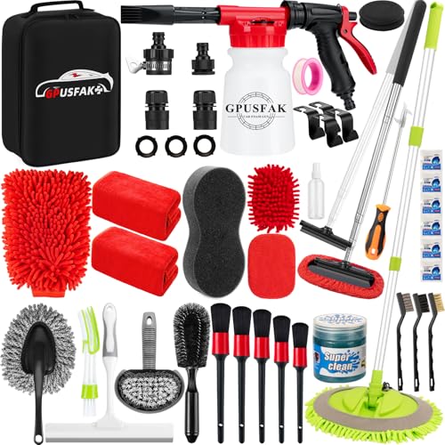 40Pcs Car Wash Cleaning Kit with Foam Gun Sprayer Detailing Brushes Wash Mop Windshield Cleaning Tool Tire Brush Towels Complete Interior Exterior Detailing Set for Car - size: 40Pcs