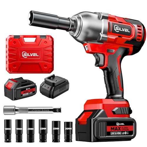SILVEL Cordless Impact Wrench, MAX 650N.M Brushless Impact Gun 1/2 inch, 4.0Ah Battery, 6 Sockets, 3300RPM Impact Driver wih Fast Charger - size: 1 Battery