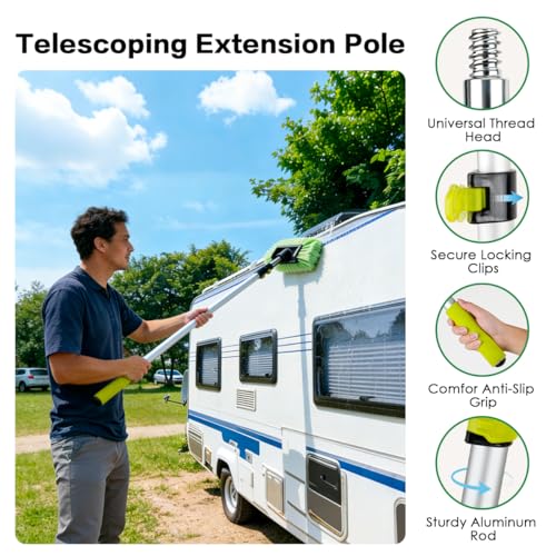 10FT Car Wash Brush with Long Handle, Car Cleaning Kit with Telescoping Pole and Soft Bristles Brush, Detailing Brushes, Tire Brush, Car Wash Sponge & Towel for RV, SUV, Trucks, Floors, House Siding