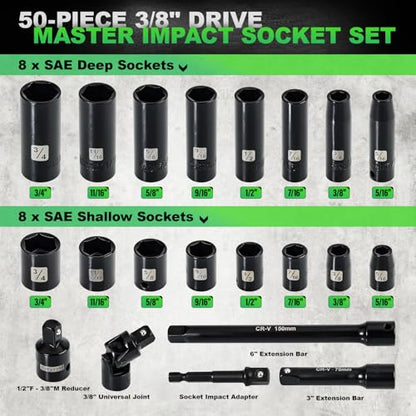 3/8" Drive Impact Socket Set, 50 Piece Standard SAE (5/16 to 3/4 inch) and Metric (8-22mm) 6 Point, Extension Bars, Impact Universal Joint, Adapter, Cr-V Steel