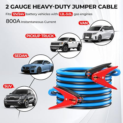 2 Gauge 20 Feet Jumper Cables Heavy Duty for Car, 800 Amp Automotive Booster Battery Jumper Cables for SUV and Trucks with Carry Bag, Gloves, Brushes - size: 2 Gauge 20FT