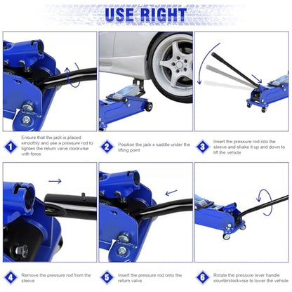3 Ton Floor Jack (6600 lbs) - Heavy Duty Steel Low Profile Hydraulic Car Jack for Home Garage Use, Fast Lift Service Jack with Wheels, Lifting Range (5"-15.2") - color: Blue