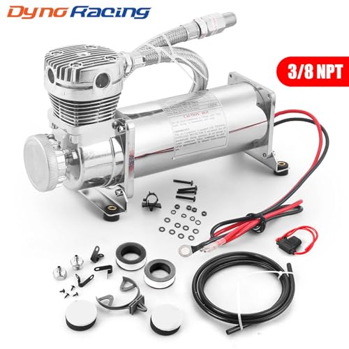 200PSI Air Ride Suspension Compressor with 3/8 NPT Hose Kit, Heavy Duty 12V 480C Air Compressor Pump for Train Horn & Air Bag Suspension, Chrome Silver Fit for Truck & Car