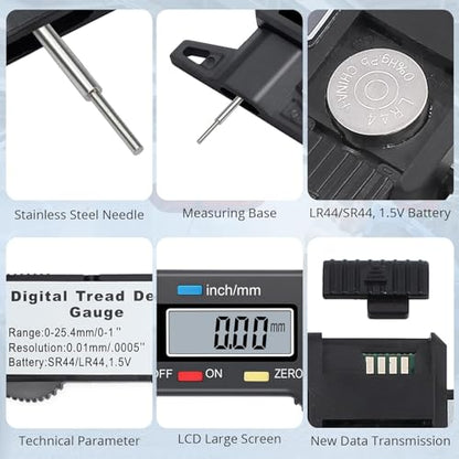 Tire Tread Depth Gauge Digital Tire Tread Depth Gauge 0-25.4mm Range,0.01mm Resolution,Large LCD Display,Handheld Easy Read Tire Depth Gauge for Cars,Trucks,Motorcycles