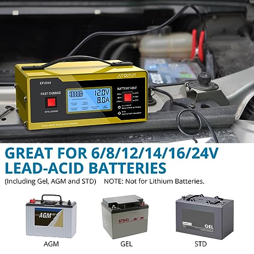 AUTOUTLET Upgraded 6/8/12/14/16/24V Battery Charger Automotive Smart Car Battery Charger and Trickle Maintainer 0-14A Fully Automatic with Cable Clamps for Lead-Acid Batteries(NOT Lithium Battery)