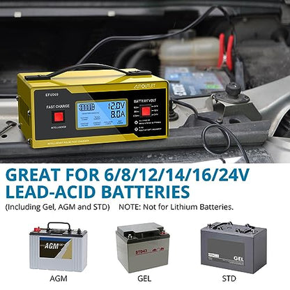 AUTOUTLET Upgraded 6/8/12/14/16/24V Battery Charger Automotive Smart Car Battery Charger and Trickle Maintainer 0-14A Fully Automatic with Cable Clamps for Lead-Acid Batteries(NOT Lithium Battery)