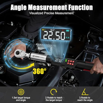 VANPO 1/2 Drive Digital Angle Torque Wrench 7.4-147.5 Ft.lb, ±2% Accuracy | 10-200 Nm Electronic Torque Wrench, Buzzer LED Vibration Alarm, Perfect Tools for Tire Lug Nuts & Car Engine Repair - size: 7.4-147.5 ft.lb/10-200 N.m (1/2-Inch)