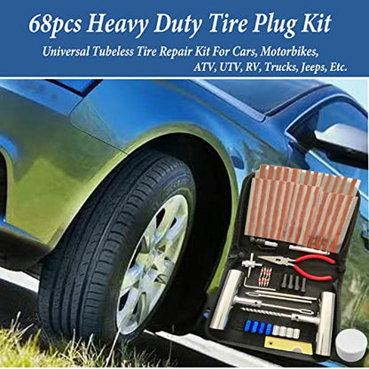 Tire Repair Kit, 68pcs Heavy Duty Tire Plug Kit, Universal Tire Repair Tools Flat Tire Puncture Repair for Car, Motorcycle, Truck, SUV, RV, ATV, Tractor, Trailer Fix Punctures and Plug Flats Patch Kit - size: 68pcs