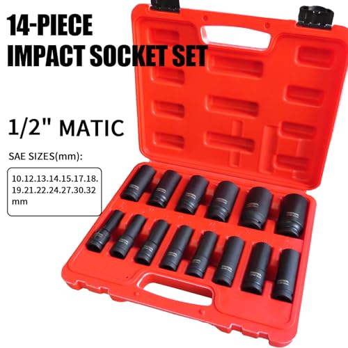 TONYNOL 1/2 Inch Deep Drive Impact Socket Set,6-Point,Metric (10mm-32mm),14 Pcs,Cr-Mo Steel,With a Storage Case - size: 1/2" 14PC Deep Metric (10-32mm), style: 6-Points