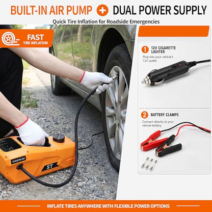 Trihelper Electric Car Jack 5 Ton 12V Hydraulic Jack Lift with Impact Wrench Touch Screen Tire Inflator Pump Wireless Remote 3 Mode LED Light for Roadside Tire Change Cars Sedans SUVs MPVs Trucks