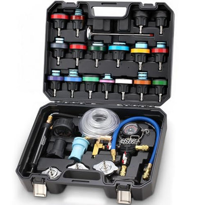 FOUR UNCLES 33pcs Radiator & Coolant Pressure Tester and Vacuum Refill Kit - Universal Cooling System Leak Tester and Refiller for Cars Motorcycles Trucks (Black)