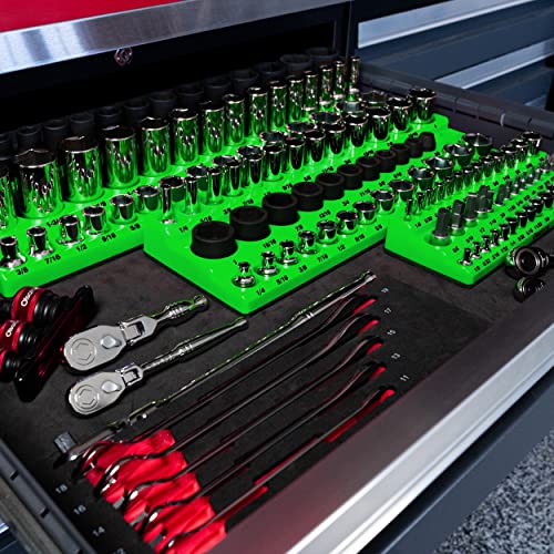 Magnetic Socket Organizer - 3 Rows, 1/4" Drive, SAE - color: Green, size: 1/4-Inch Drive, SAE