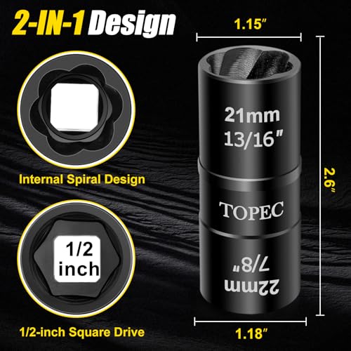 Topec 21mm x 22mm Flip Lug Nut Extractor, 1/2" Drive Lug Nut Removal Tool, 2-IN-1 Wheel Lock Remover Socket - size: 21 x 22mm