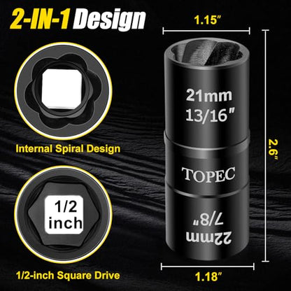 Topec 21mm x 22mm Flip Lug Nut Extractor, 1/2" Drive Lug Nut Removal Tool, 2-IN-1 Wheel Lock Remover Socket - size: 21 x 22mm