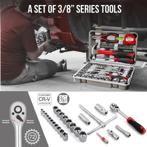 Hi-Spec 52pc Home Garage Mechanics DIY Tool Kit Set. Metric Sockets, Ratchet Wrench, Screwdriver Bit Set, Pliers and Spark Plug Accessories in a Portable Toolbox Case - size: 52 PCS
