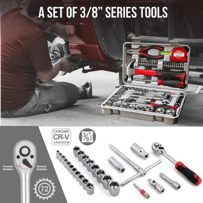 Hi-Spec 52pc Home Garage Mechanics DIY Tool Kit Set. Metric Sockets, Ratchet Wrench, Screwdriver Bit Set, Pliers and Spark Plug Accessories in a Portable Toolbox Case - size: 52 PCS