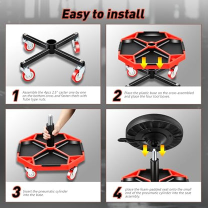 DNA Motoring TOOLS-00253 Adjustable Height Pneumatic Garage Seat Rolling Mechanic Stool with Tool Tray Storage,300lbs Max Weight Capacity - color: Red