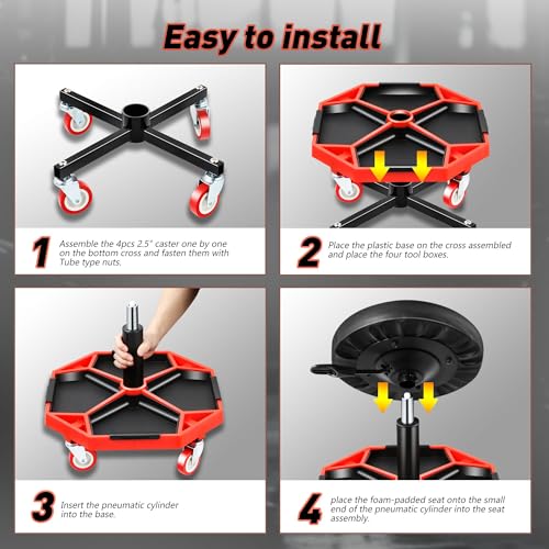DNA Motoring TOOLS-00253 Adjustable Height Pneumatic Garage Seat Rolling Mechanic Stool with Tool Tray Storage,300lbs Max Weight Capacity - color: Red