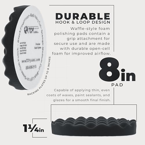 TCP Global 8" Black Waffle Foam Buffing Pad Hook and Loop Backing - Extra Fine Pad for Polishing, Automotive, Marine, Truck, RV & Compound Cutting, Car Polishing Pads - color: Black