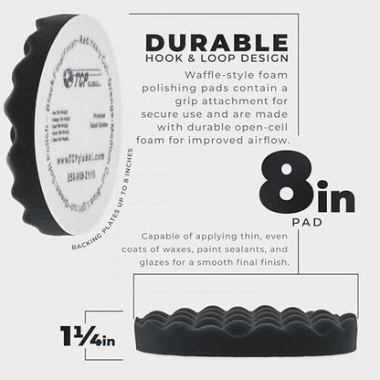 TCP Global 8" Black Waffle Foam Buffing Pad Hook and Loop Backing - Extra Fine Pad for Polishing, Automotive, Marine, Truck, RV & Compound Cutting, Car Polishing Pads - color: Black