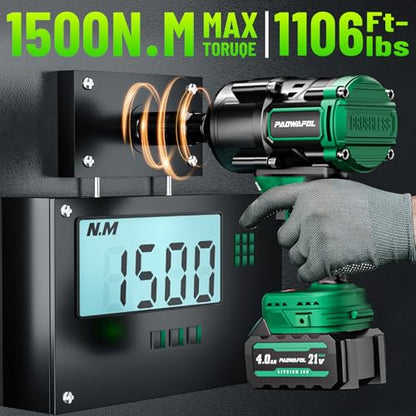 2026 New Upgrade 1106ft-lbs(1500N.m) Impact Wrench, High Torque 1/2 Impact Gun with 21V 2x4.0AH Battery, Fast Charger & 5 Sockets, 3500IPM Brushless Impact Driver for Home Car Truck Tires - color: Green