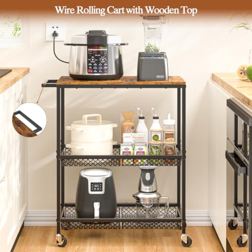 3 Tier Rolling Utility Kitchen Cart on Wheels, Heavy Duty Wire Rolling Cart with Wooden Top, Commercial Metal Serving Cart with Handle, Kitchen Island Food Storage Trolley for Laundry, Office, Garage - color: Wooden-black