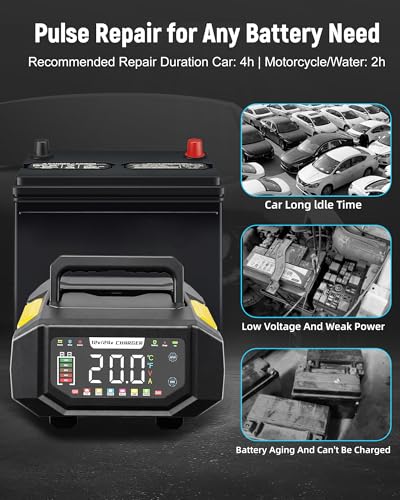 1-20A Smart Battery Charger, 12V/24V Automatic Automotive Battery Maintainer & Desulfator with Temperature Compensation, Adjustable Amp Trickle Charger for Lead-Acid, AGM, Gel, LiFePO4 - color: Yellow