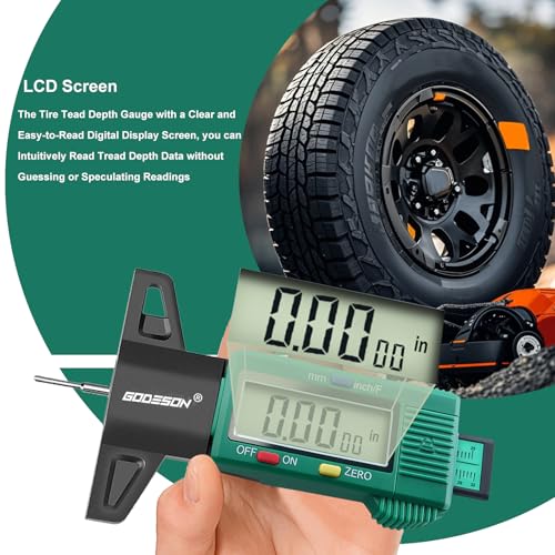 GODESON Tire Tread Depth Gauge - Large LCD Screen with Inches/Millimeters/Fraction Units, Zero Reset Function, Digital Tire Depth Gauge for Car, Truck, SUV, Green Tread Wear Measurement - 0-25.4mm - color: Green