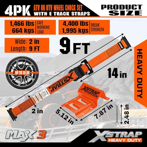 XSTRAP STANDARD 4-Pack Wheel Chock E-Track Tie Down Straps Kit, 2" x 9FT | 4,500lb Break Strength Over-The-Tire Ratchet Straps with Steel Wheel Chocks for ATV, UTV, Lawn Mower, Trailer Hauling, Orange - size: Orange-4PK-9FT