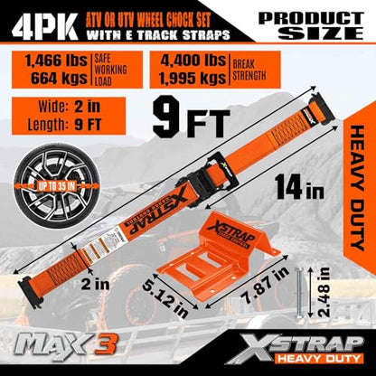 XSTRAP STANDARD 4-Pack Wheel Chock E-Track Tie Down Straps Kit, 2" x 9FT | 4,500lb Break Strength Over-The-Tire Ratchet Straps with Steel Wheel Chocks for ATV, UTV, Lawn Mower, Trailer Hauling, Orange - size: Orange-4PK-9FT