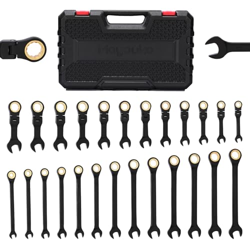Mayouko 24PCS Stubby Flex Head&Regular Ratcheting Combination Wrench Set, Standard in SAE 1/4"-7/8" & Stubby in Metric 6-22mm, 12 Point, 72 Tooth, Cr-V Steel with Black Chrome Finish