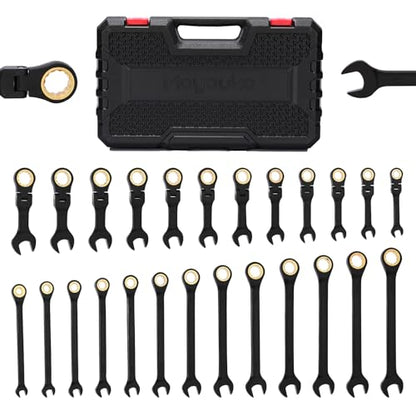 Mayouko 24PCS Stubby Flex Head&Regular Ratcheting Combination Wrench Set, Standard in SAE 1/4"-7/8" & Stubby in Metric 6-22mm, 12 Point, 72 Tooth, Cr-V Steel with Black Chrome Finish