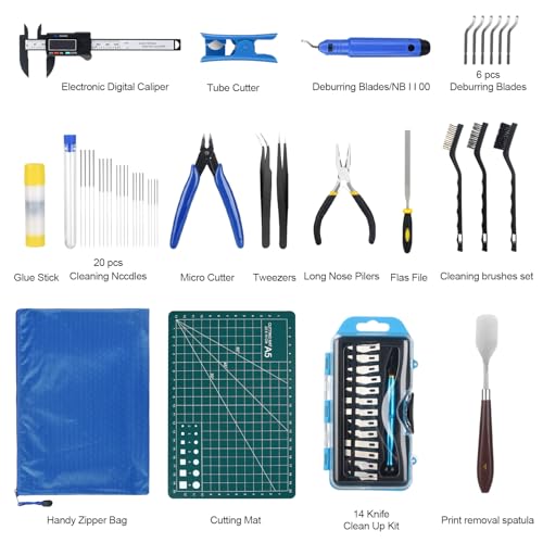 KuanStore 3D Printer Tools Kit, 3D Printing Accessory with 55Pcs Includes Deburring Tool, Caliper, Art Knife Set, Tube Cutter, Storage Bag Suitable for 3D Print Removing, Cleaning | Includes Deburring Tool, Caliper, Art Knife Set, Tube Cutter, Storage Bag