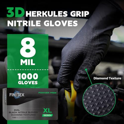 FINITEX Industrial Diamond Texture Nitrile Black Glove - 100/1000PCS Chemical Resistant 8mil Mechanic Disposable Gloves - color: Black (X-large 1000)