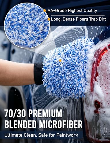 TAKAVU Car Wash Mitt, 2 Pack Microfiber, Scratch-Free (Blue) | Soft Lint-Free Wash Gloves Hold Sudsy Water for Auto Detailing, Machine Washable, Safe on Paint & Coat - color: Blue & White