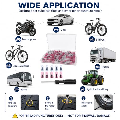 20 Pcs Tire Plug Kit, Screw in Repair Plugs with Screwdriver and Storage Case, Rubber Nail Set for Tubeless Punctures, Emergency Fix for Cars, Motorcycles, Trucks, Bikes (20)