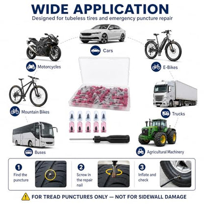 20 Pcs Tire Plug Kit, Screw in Repair Plugs with Screwdriver and Storage Case, Rubber Nail Set for Tubeless Punctures, Emergency Fix for Cars, Motorcycles, Trucks, Bikes (20)