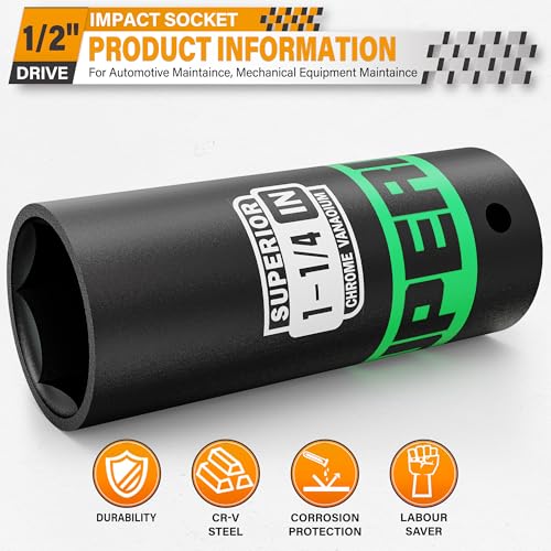 1/2" Drive Impact Socket, 1-1/4 inch Deep Socket, SAE, 6 Point, CR-V, for Car Repair, Loosen the Fastening Nut - size: 1/2" Drive 1-1/4 Inch Deep