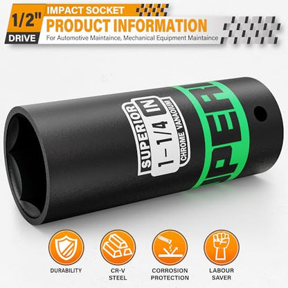 1/2" Drive Impact Socket, 1-1/4 inch Deep Socket, SAE, 6 Point, CR-V, for Car Repair, Loosen the Fastening Nut - size: 1/2" Drive 1-1/4 Inch Deep