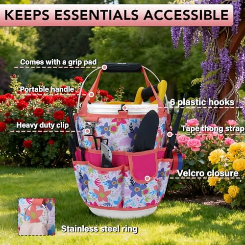 KUNN 5 Gallon Bucket Organizer 18-Pocket Bucket Tool Bag with Hangable Handle, Heavy-Duty Garden Tool Organizer Bag for Gardening Tools, Fits 3.5-5 Gal Buckets, Includes Comfort Grip Pad, Red - style: White Blossom