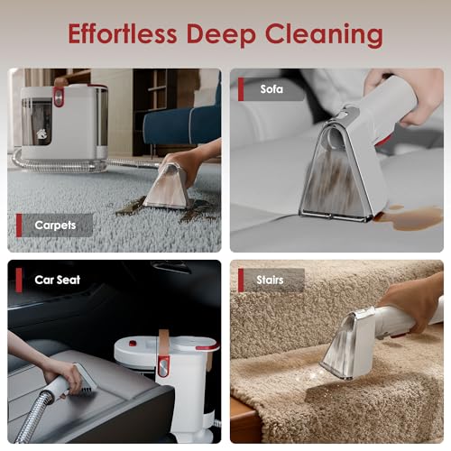 WURESE 15KPa Powerful Portable Upholstery & Carpet Cleaner Machine | Spot cleaner for sofas & cars, long hose, compact storage design