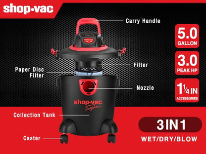 Shop-Vac 2035089 Wet/Dry Vacuum Cleaner, 5 Gallon, 3.0 Peak HP, 1.25 Inch Diameter x 7 Foot Hose, 7 Foot Cord, Ideal for Jobsite, Garage & Workshop