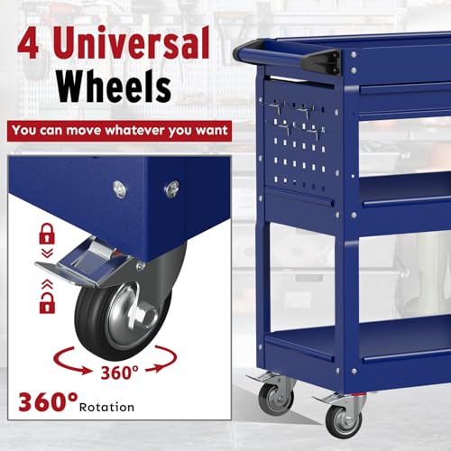 3 Tier Rolling Cart, Heavy Duty Utility Industrial Service Carts on Wheels, Metal Tool Cart with Locked Drawers, Ideal for Garage, Warehouse and Repair Shop（Blue） - color: Blue